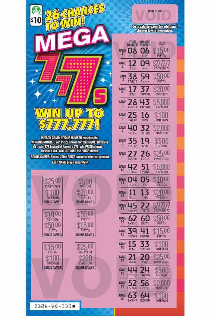 Mega 777S scratchcard - game number #2126 - front-scratched