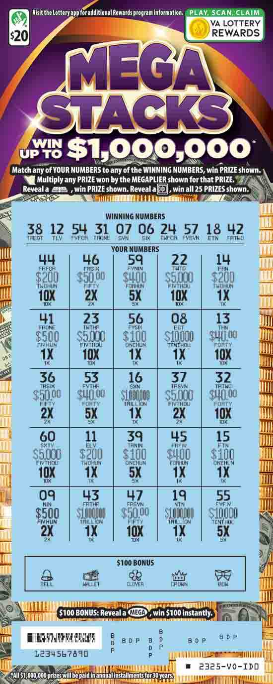 Mega Stacks scratchcard - game number #2325 - front-scratched