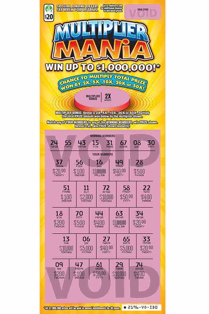 Multiplier Mania scratchcard - game number #2196 - front-scratched