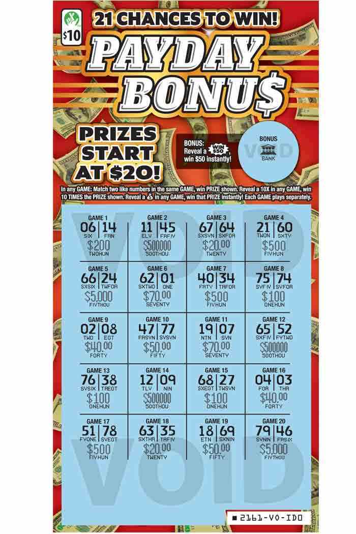 Payday Bonu$ scratchcard - game number #2161 - front-scratched