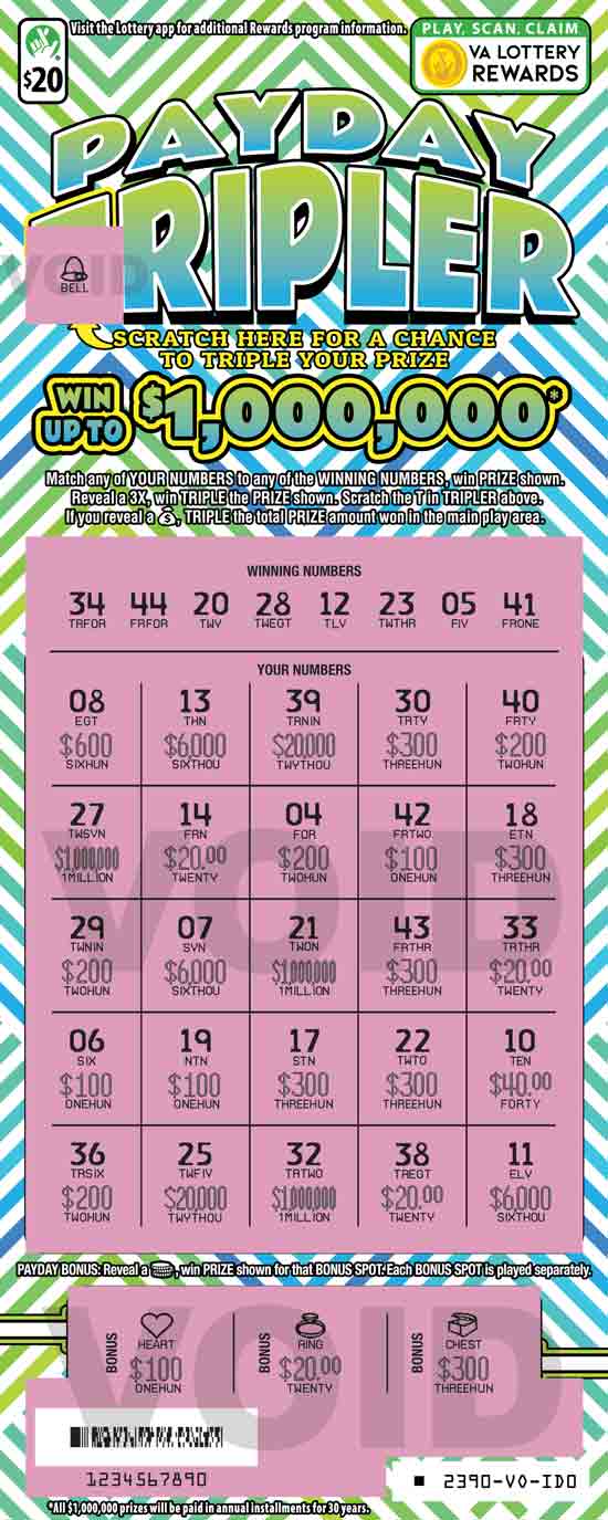 Payday Tripler scratchcard - game number #2390 - front-scratched