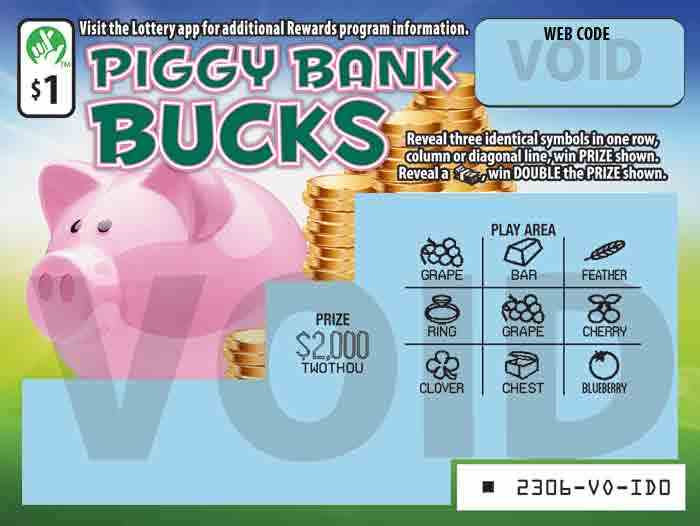 Piggy Bank Bucks scratchcard - game number #2306 - front-scratched