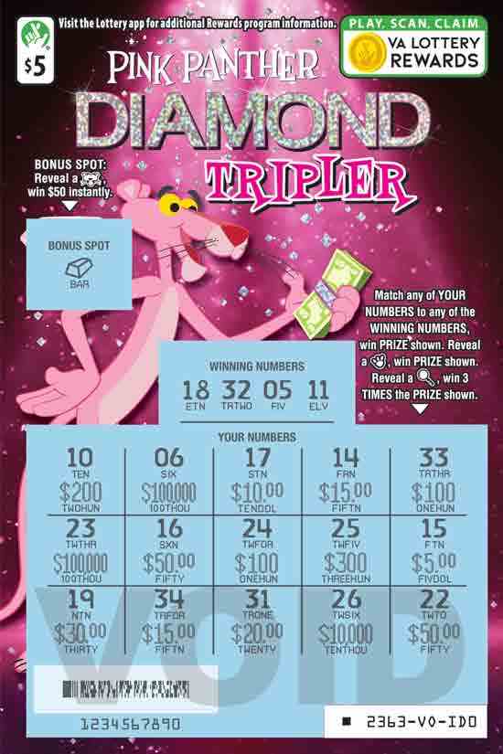 Pink Panther Diamond Tripler scratchcard - game number #2363 - front-scratched