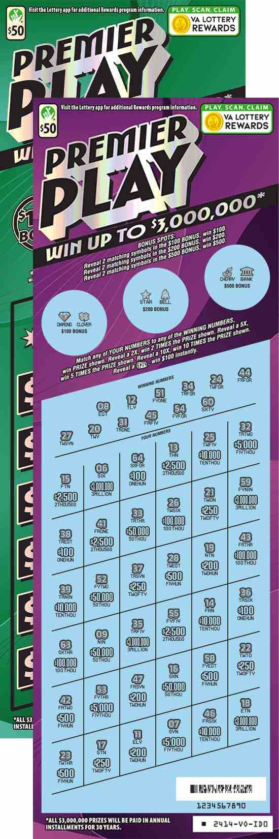 Premier Play scratchcard - game number #2414 - front-scratched