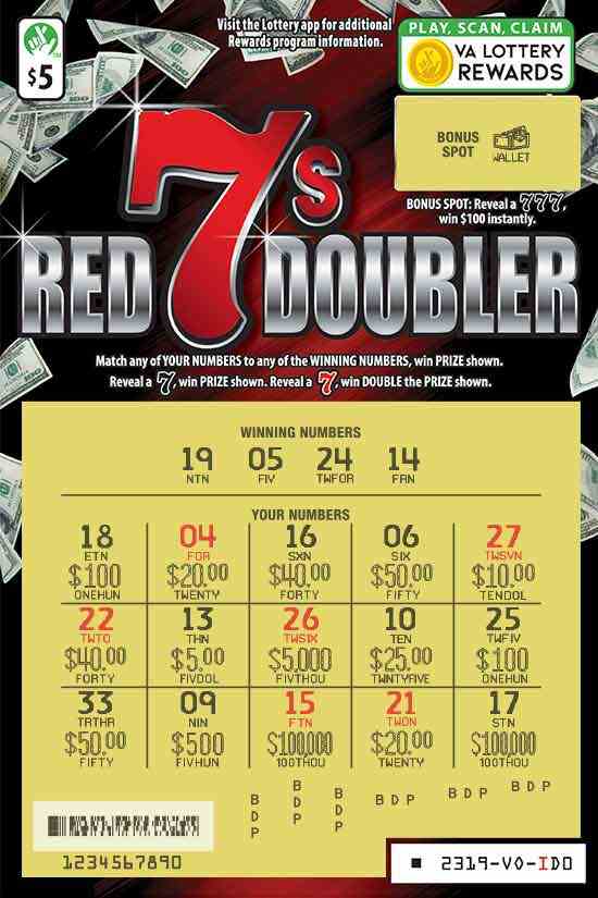 Red 7S Doubler scratchcard - game number #2319 - front-scratched