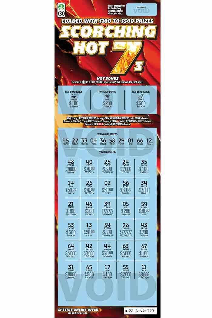 Scorching Hot 7S scratchcard - game number #2241 - front-scratched