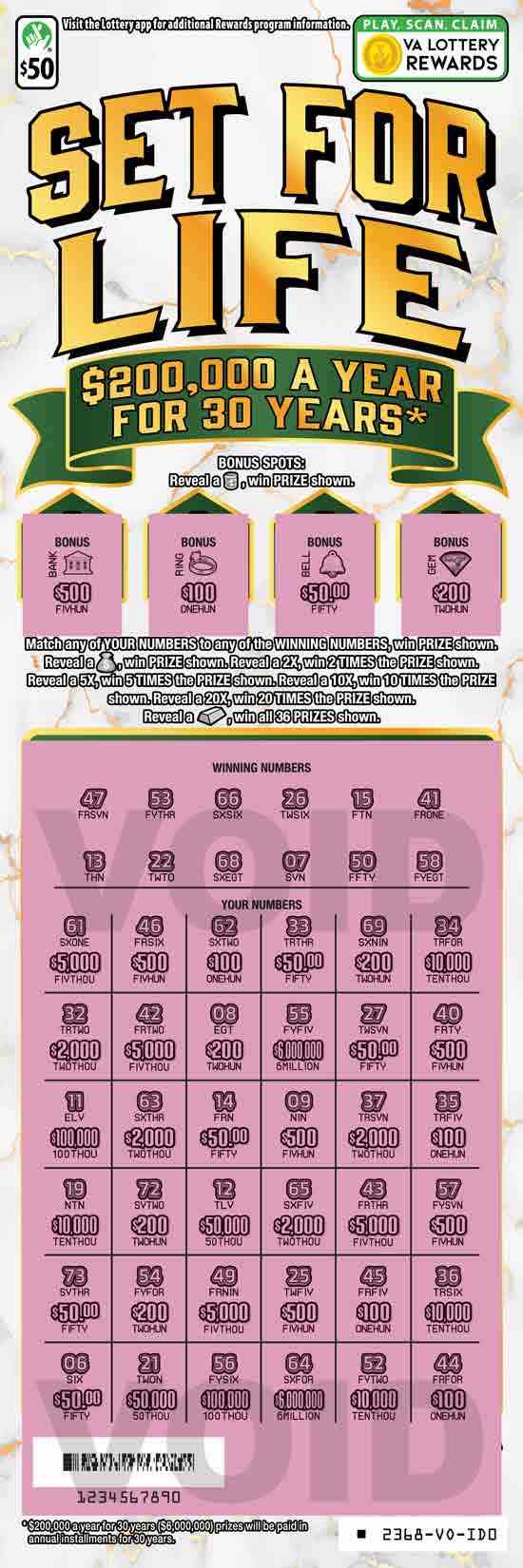 Set For Life scratchcard - game number #2368 - front-scratched