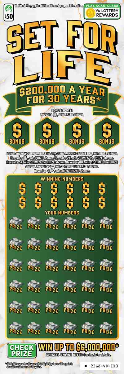 Set For Life scratchcard - game number #2368 - front