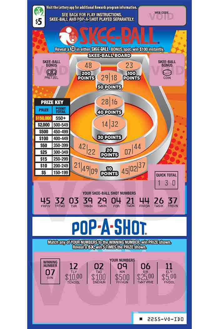 Skee-Ball scratchcard - game number #2255 - front-scratched