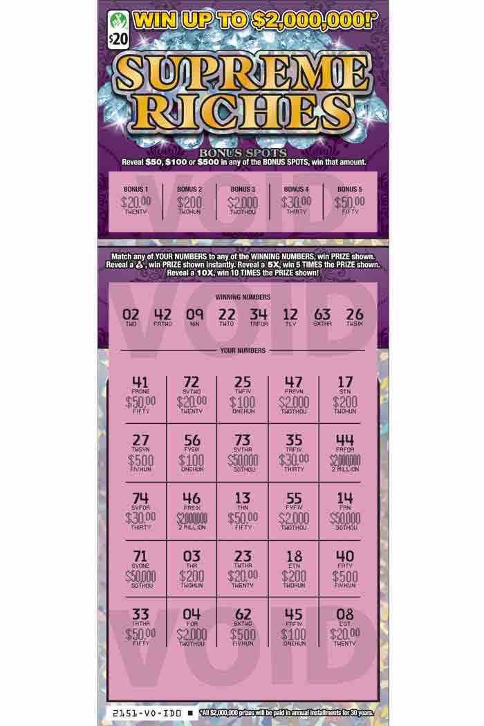 Supreme Riches scratchcard - game number #2151 - front-scratched