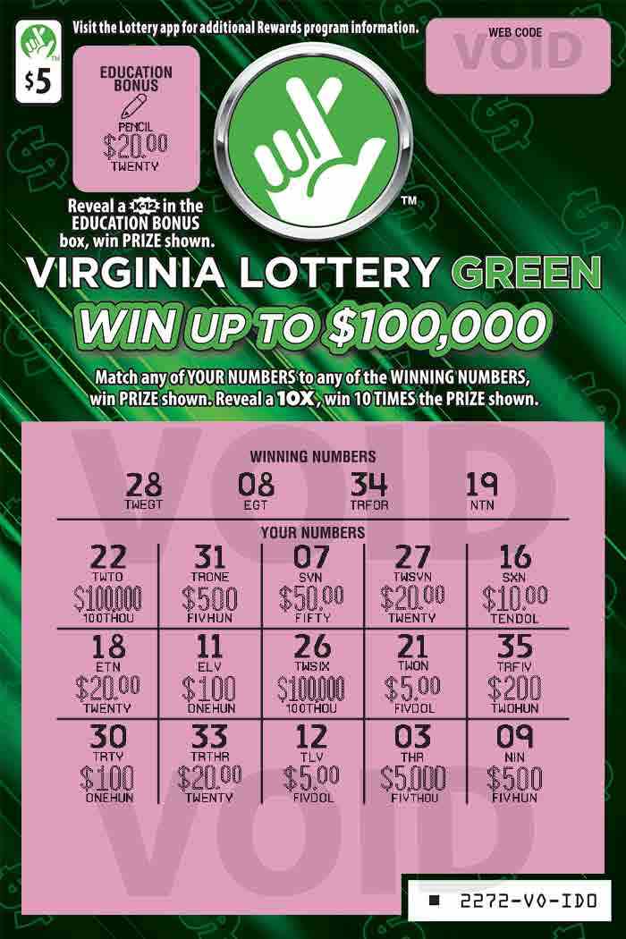 Virginia Lottery Green scratchcard - game number #2272 - front-scratched
