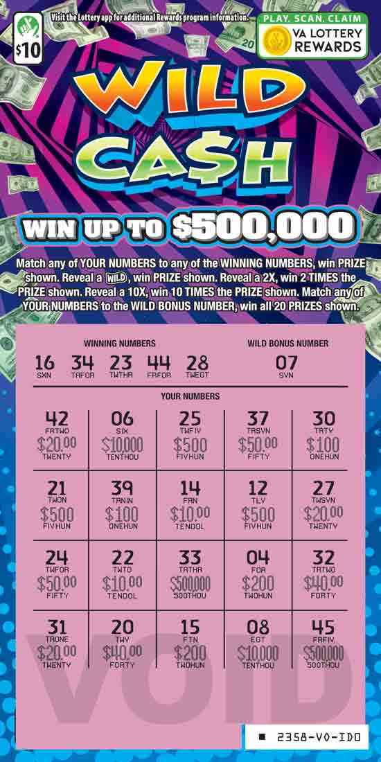 Wild Cash scratchcard - game number #2358 - front-scratched