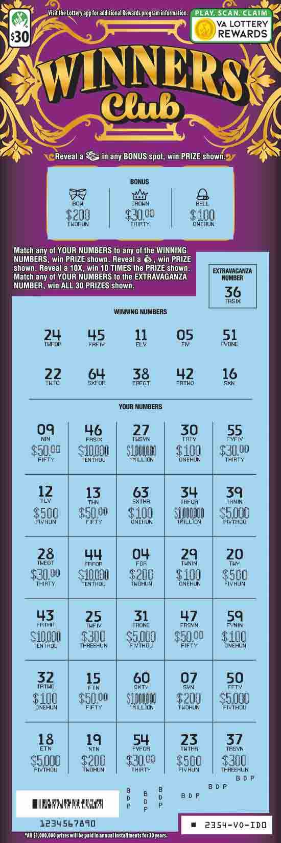 Winners Club scratchcard - game number #2354 - front-scratched
