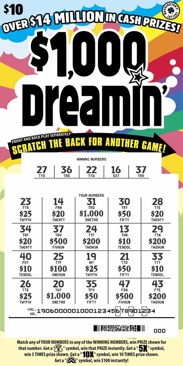 $1,000 Dreamin' scratchcard - game number #1906 - front-scratched