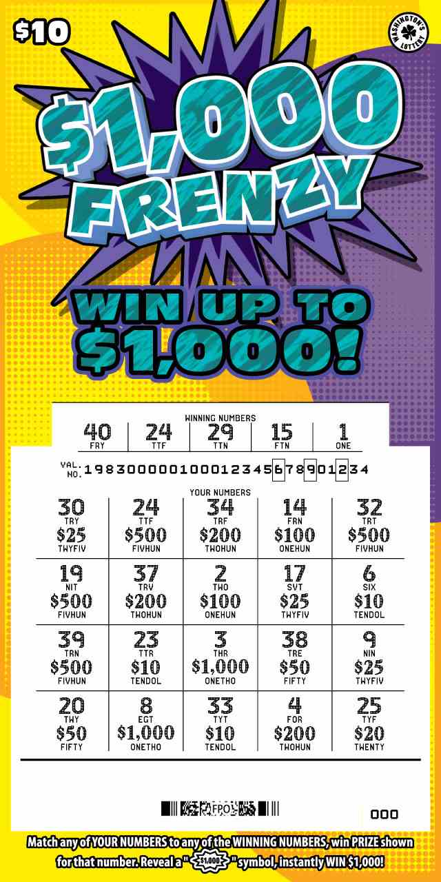 $1,000 Frenzy scratchcard - game number #1983 - front-scratched
