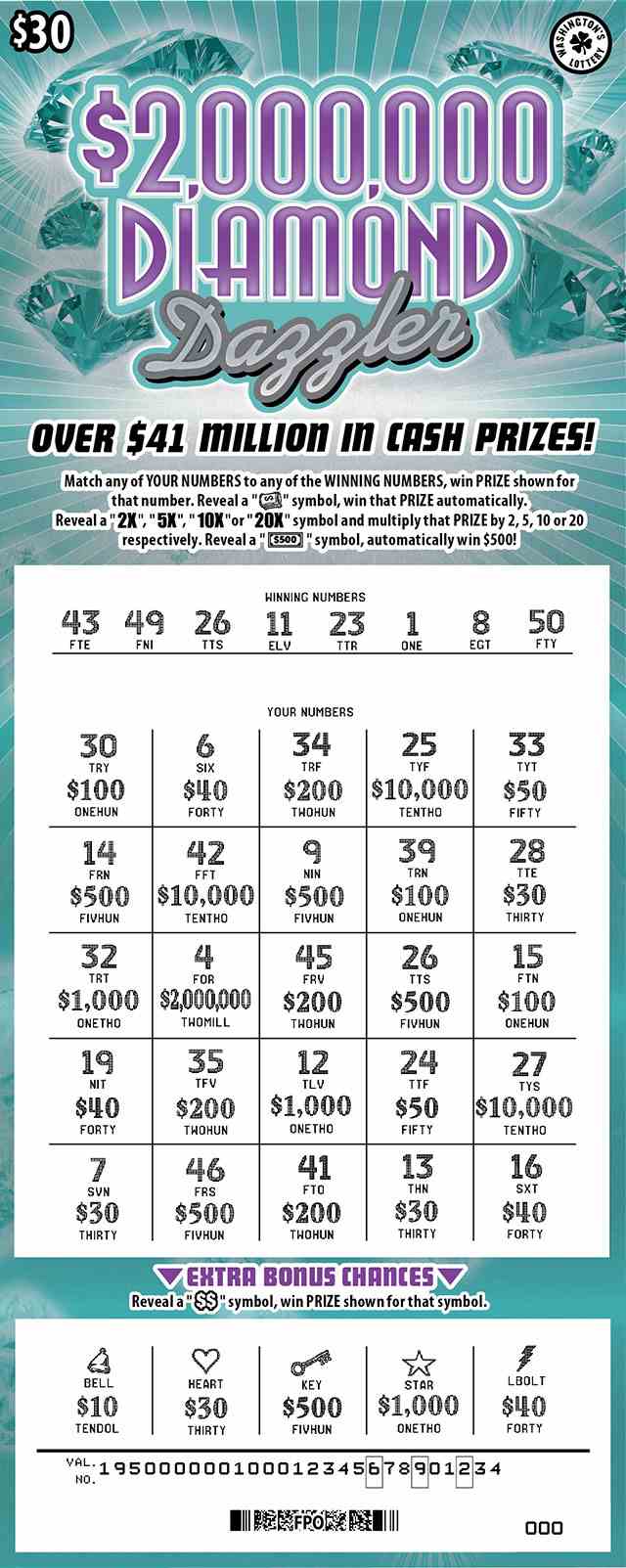 $2,000,000 Diamond Dazzler scratchcard - game number #1950 - front-scratched