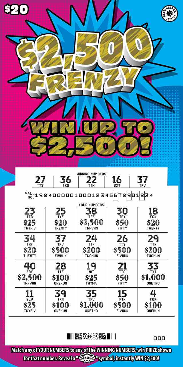 $2,500 Frenzy scratchcard - game number #1984 - front-scratched