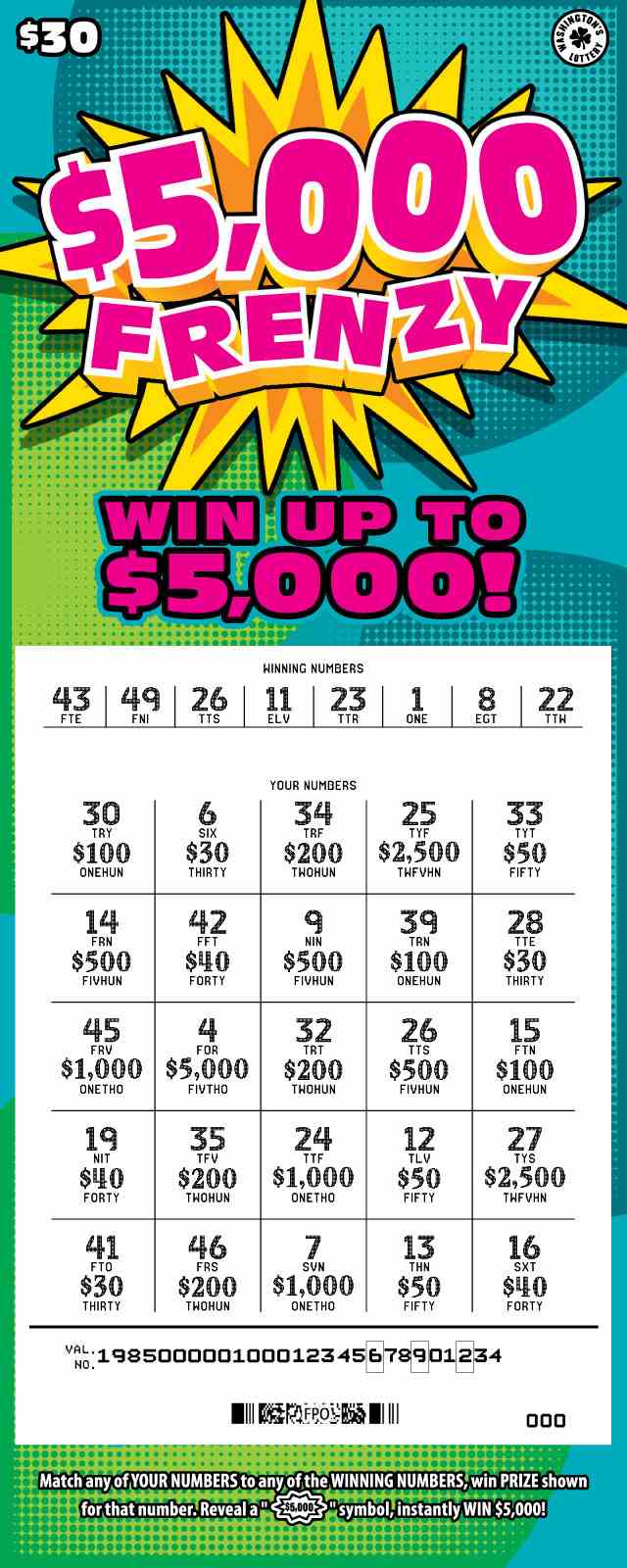 $5,000 Frenzy scratchcard - game number #1985 - front-scratched