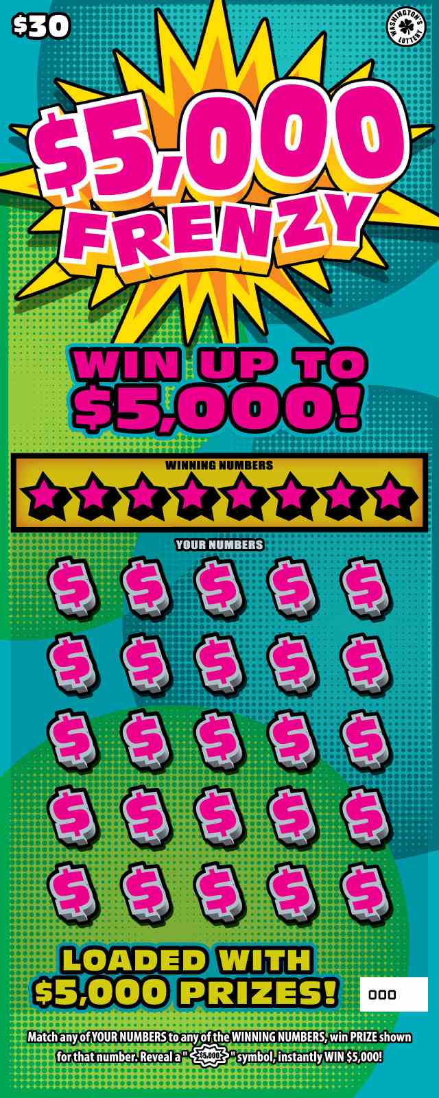 $5,000 Frenzy scratchcard - game number #1985 - front