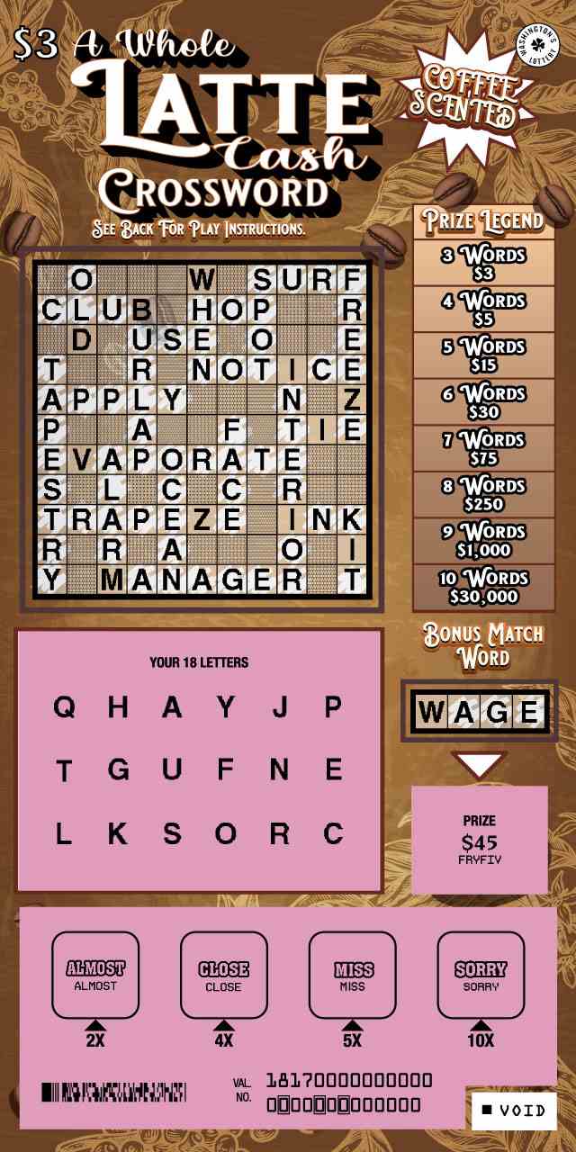 A Whole Latte Cash Crossword scratchcard - game number #1817 - front-scratched