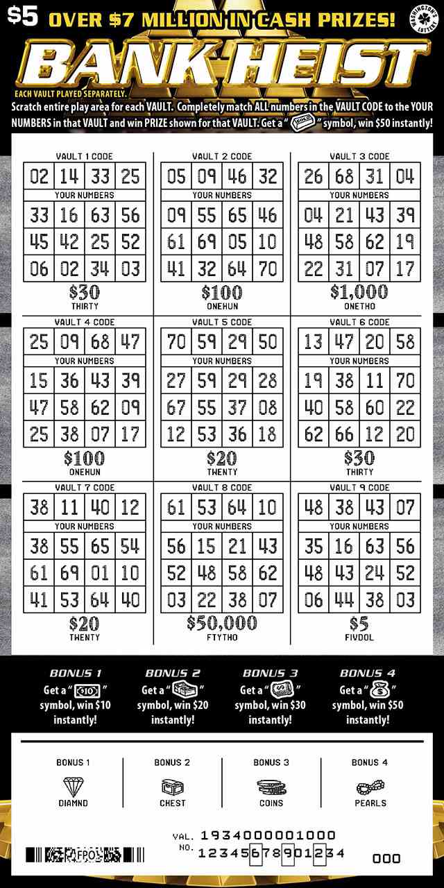Bank Heist scratchcard - game number #1934 - front-scratched