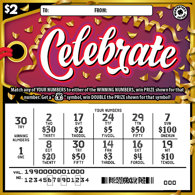Celebrate scratchcard - game number #1990 - front-scratched