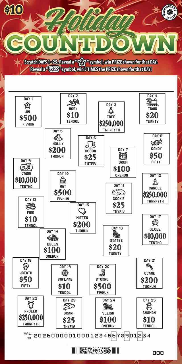 Holiday Countdown scratchcard - game number #2026 - front-scratched
