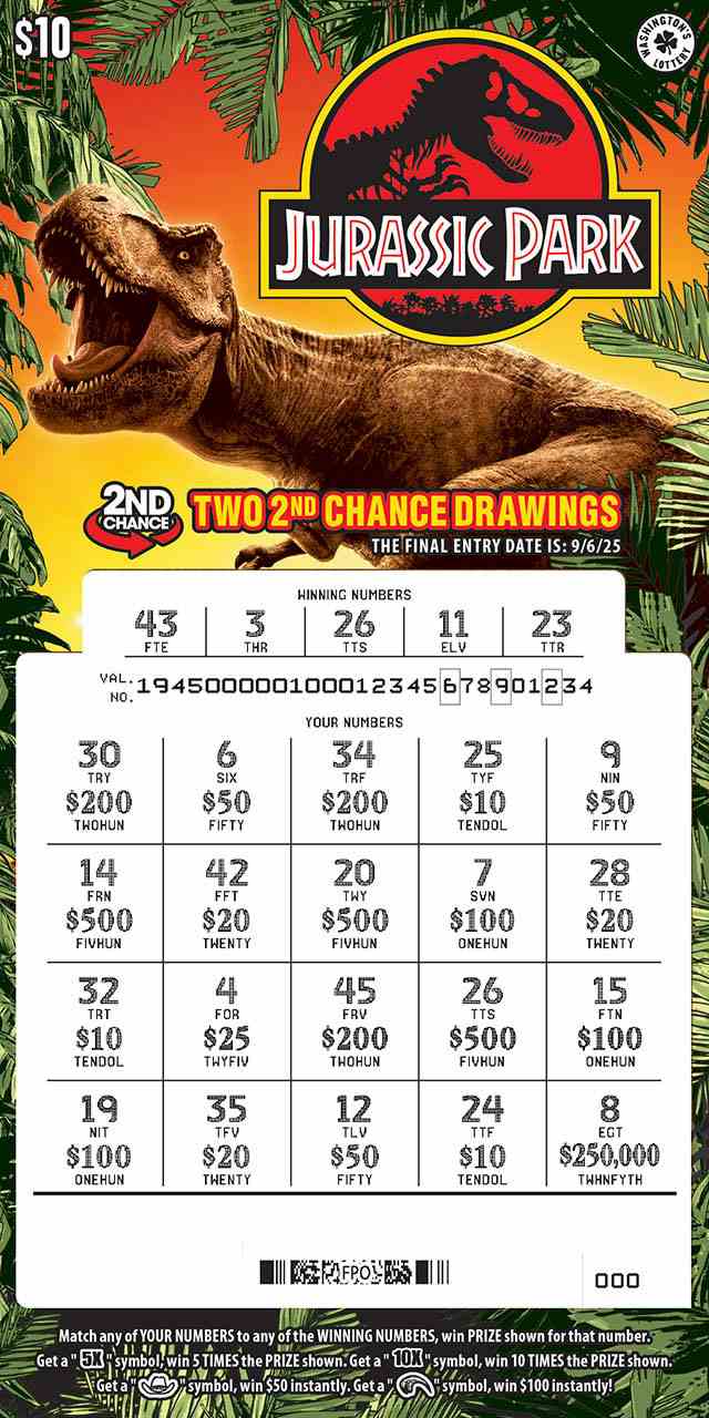 Jurassic Park scratchcard - game number #1945 - front-scratched