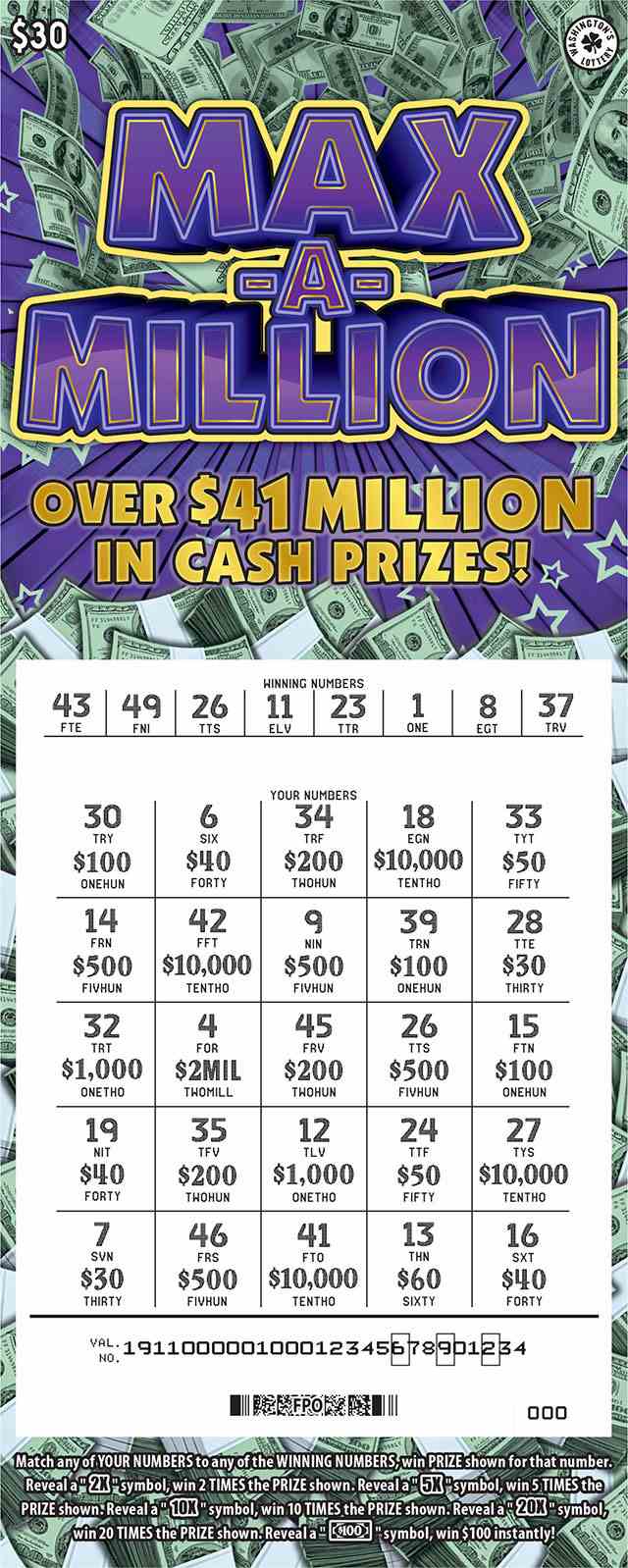 Max-A-Million scratchcard - game number #1911 - front-scratched