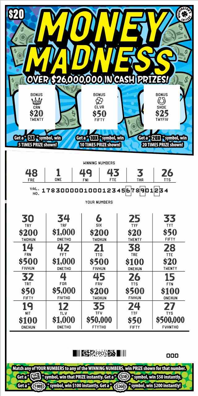Money Madness scratchcard - game number #1783 - front-scratched