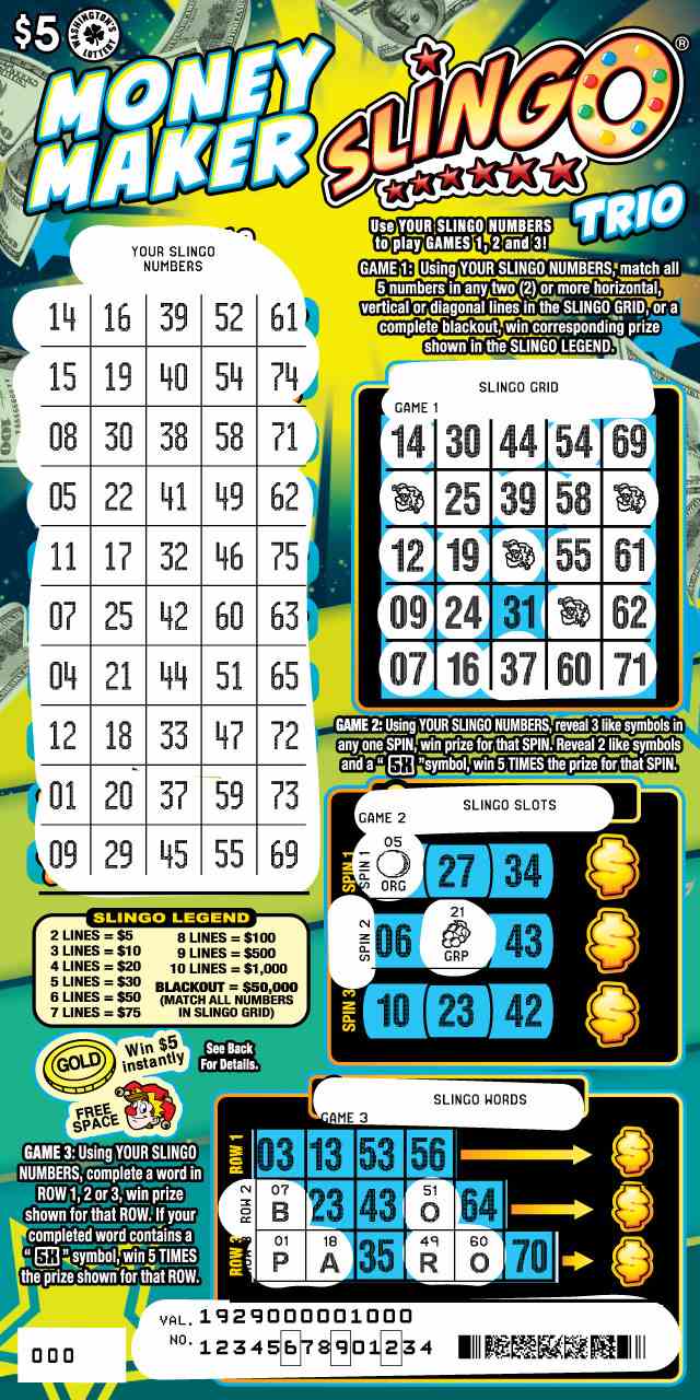 Money Maker Slingo Trio scratchcard - game number #1929 - front-scratched