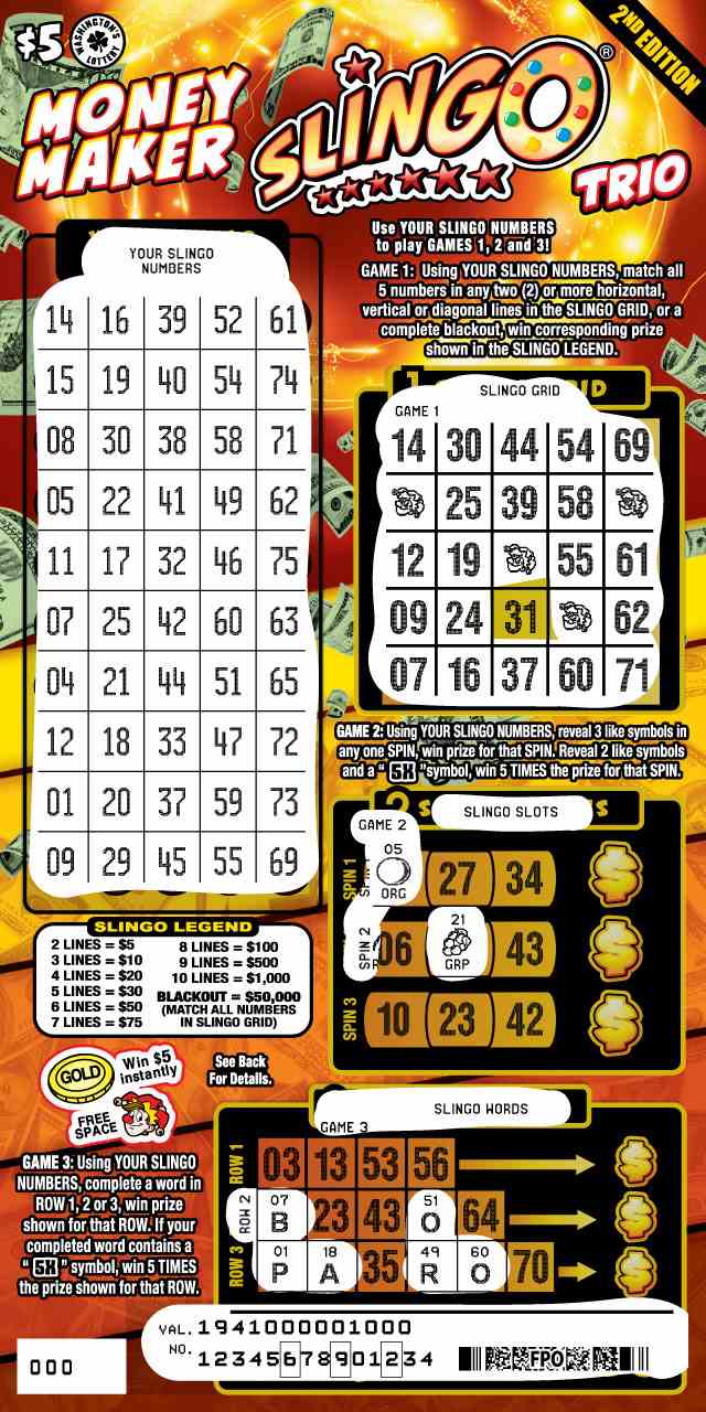 Money Maker Slingo Trio 2Nd Ed scratchcard - game number #1941 - front-scratched