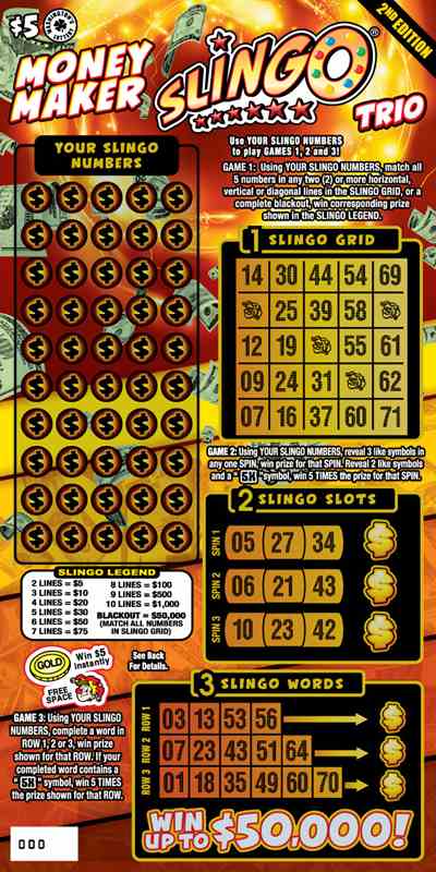 Money Maker Slingo Trio 2Nd Ed scratchcard - game number #1941 - front