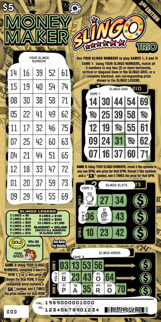 Money Maker Slingo Trio 3Rd Ed scratchcard - game number #1989 - front-scratched
