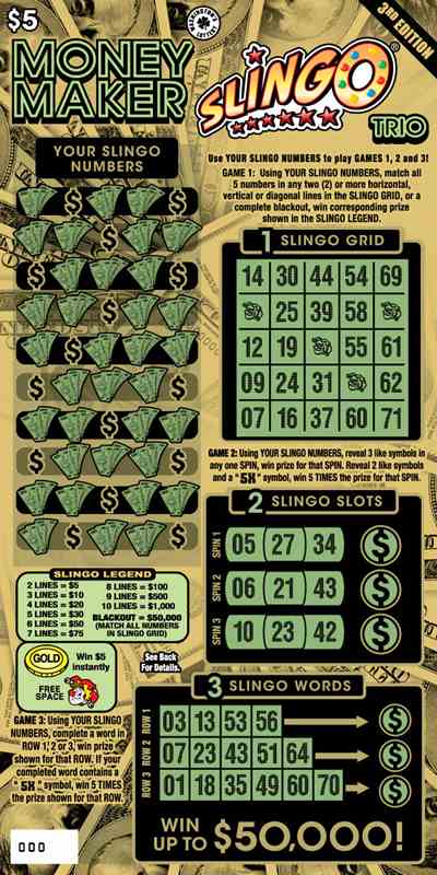 Money Maker Slingo Trio 3Rd Ed scratchcard - game number #1989 - front