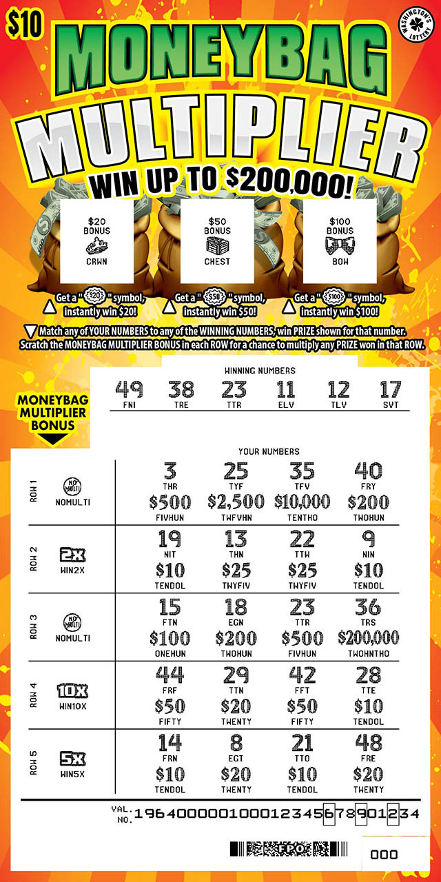Moneybag Multiplier scratchcard - game number #1964 - front-scratched