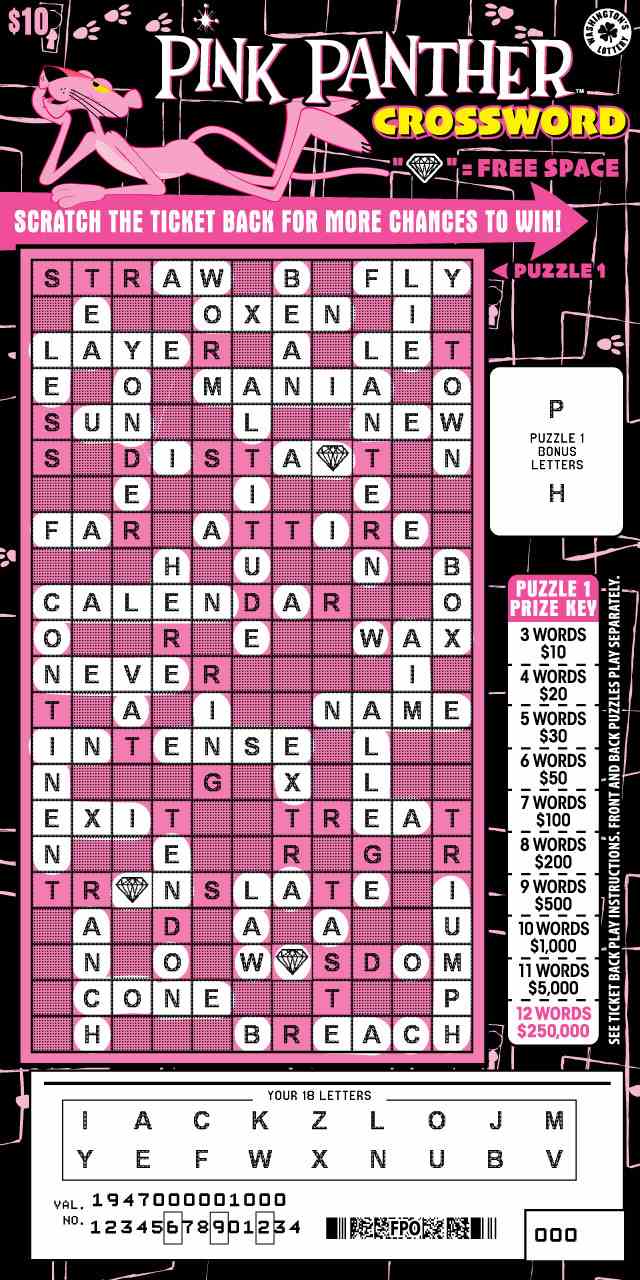 Pink Panther Crossword scratchcard - game number #1947 - front-scratched