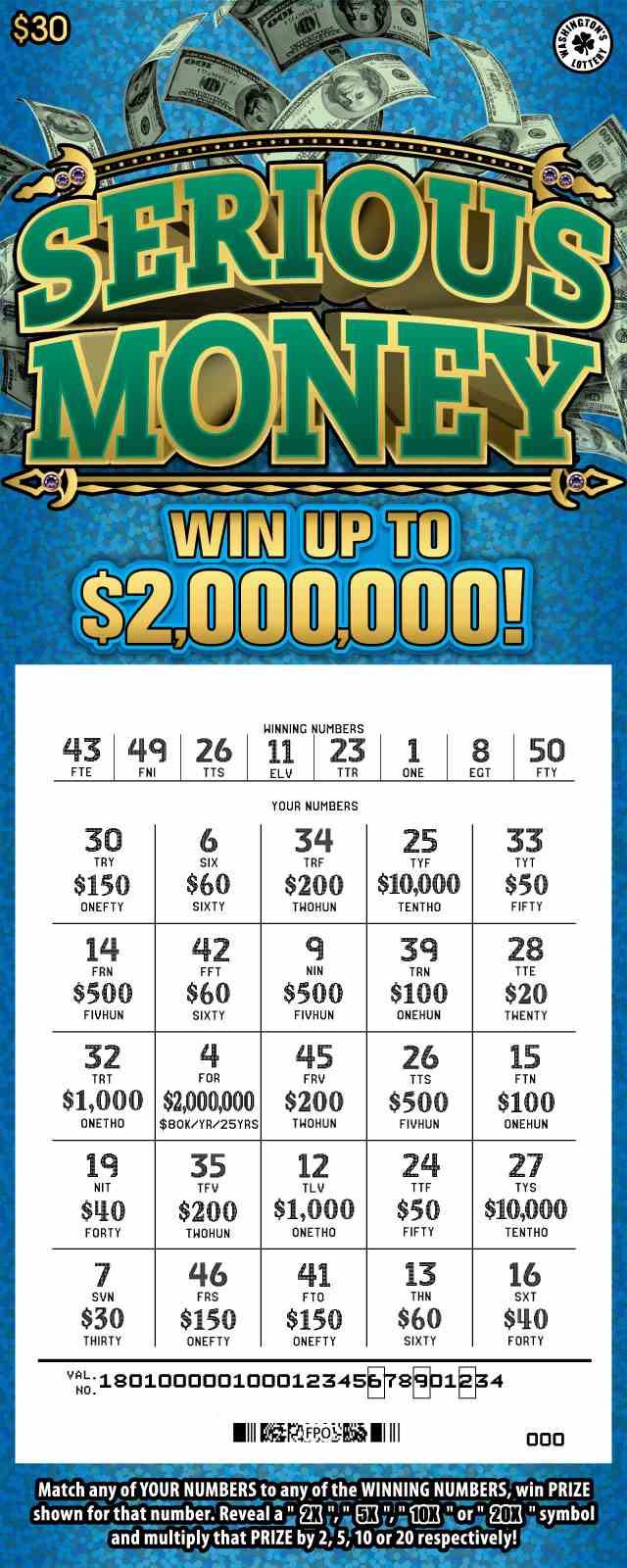 Serious Money scratchcard - game number #1801 - front-scratched