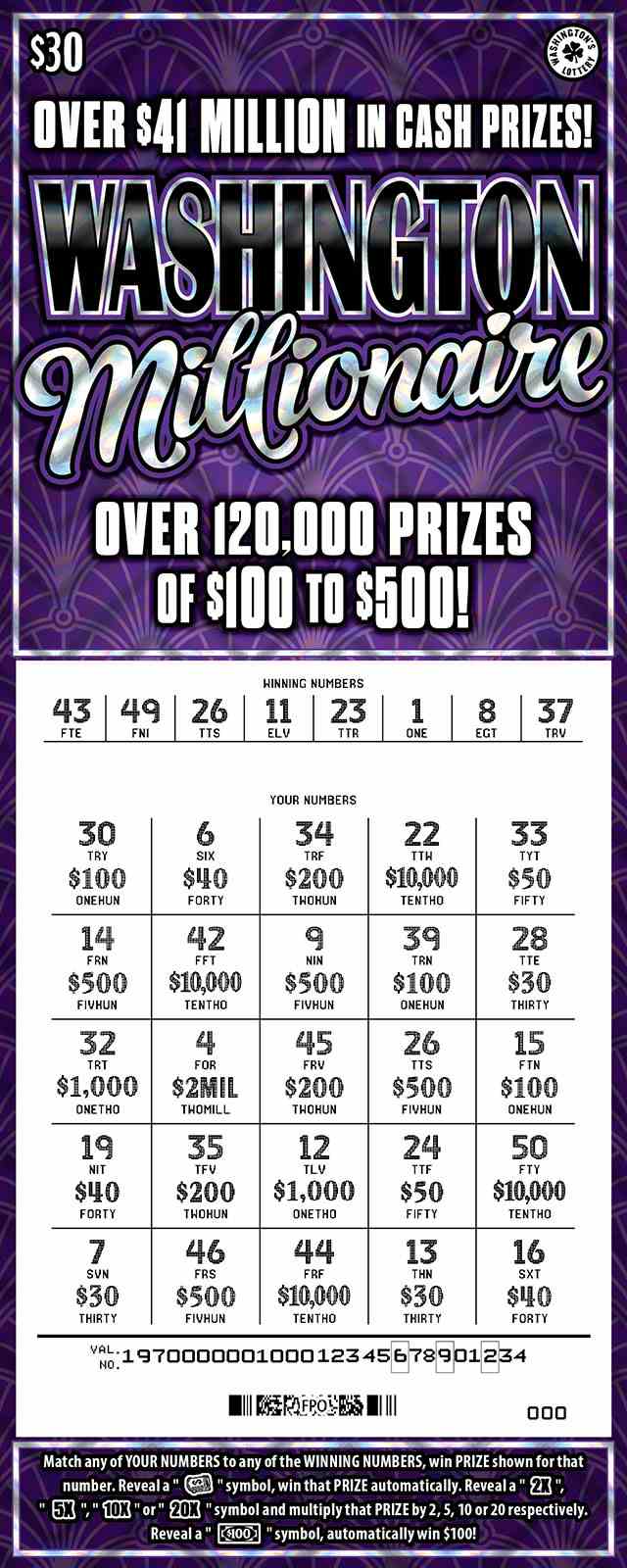 Washington Millionaire scratchcard - game number #1970 - front-scratched