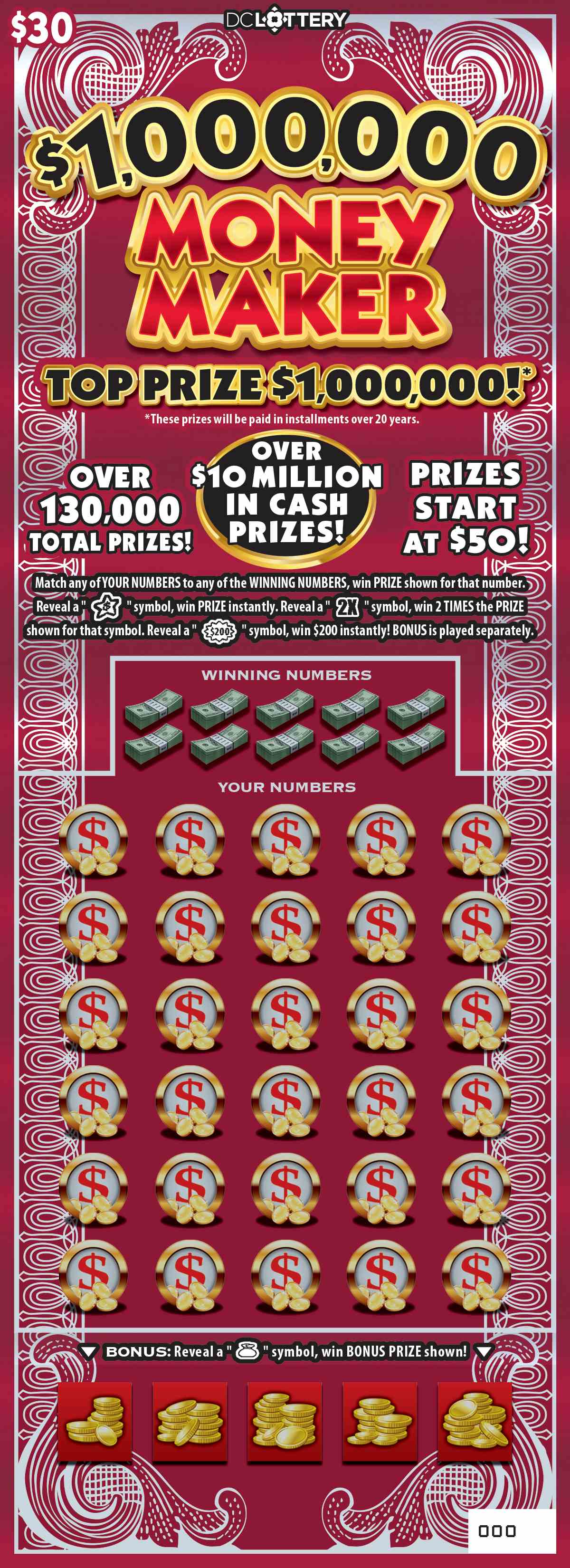 $1,000,000 Money Maker scratchcard - game number #1598 - front
