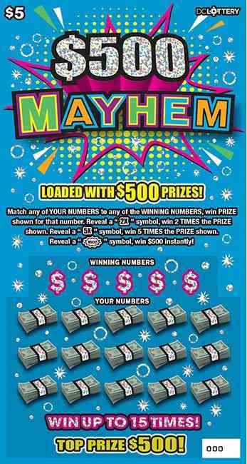 $500 Mayhem scratchcard - game number #1623 - front