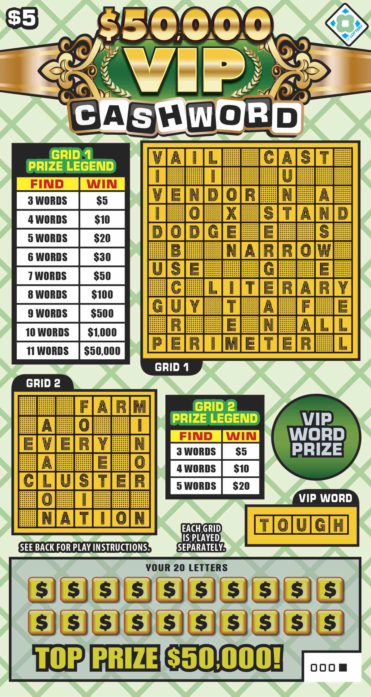 $50,000 Vip Cashword scratchcard - game number #1558 - front