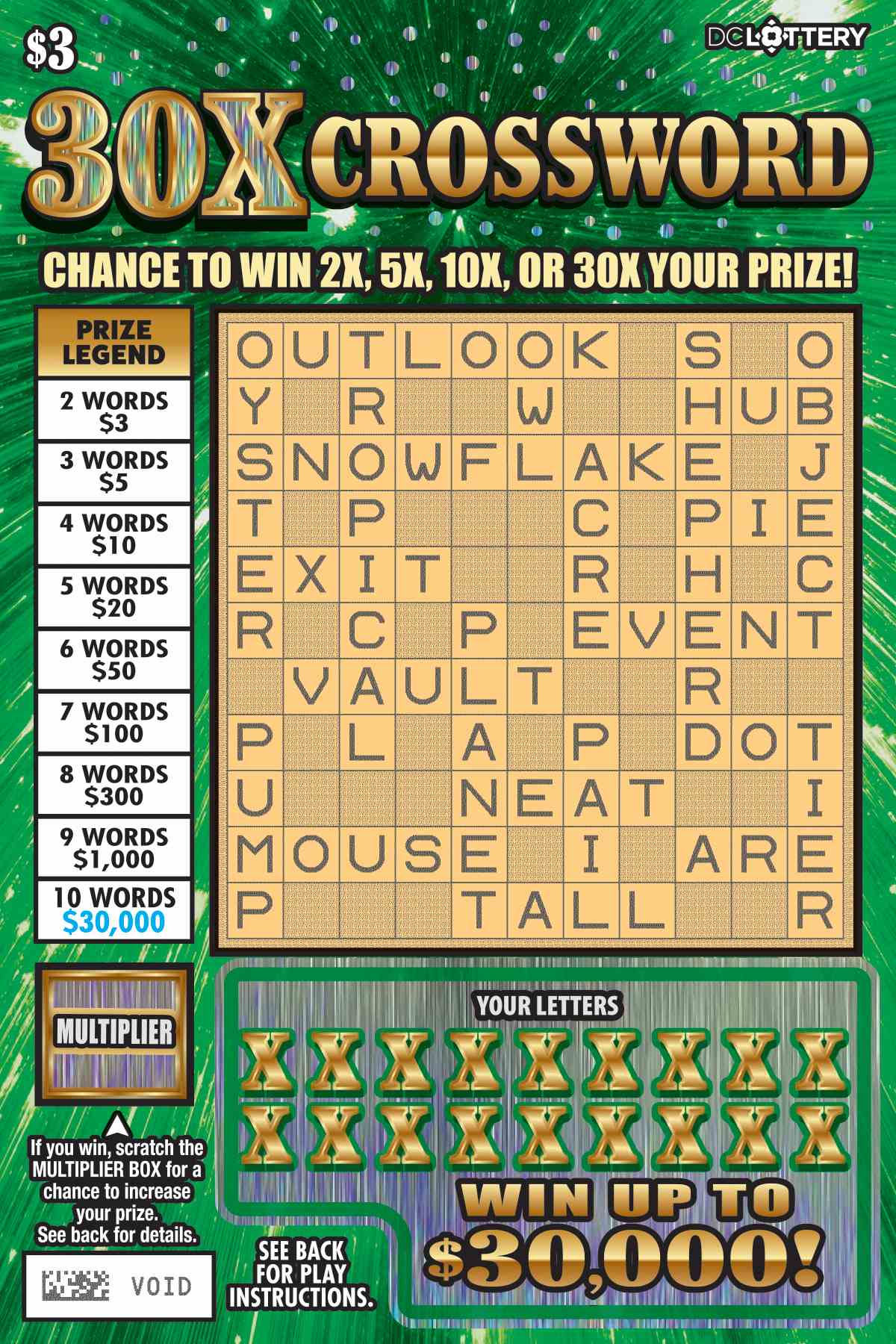 30X Crossword scratchcard - game number #1650 - front