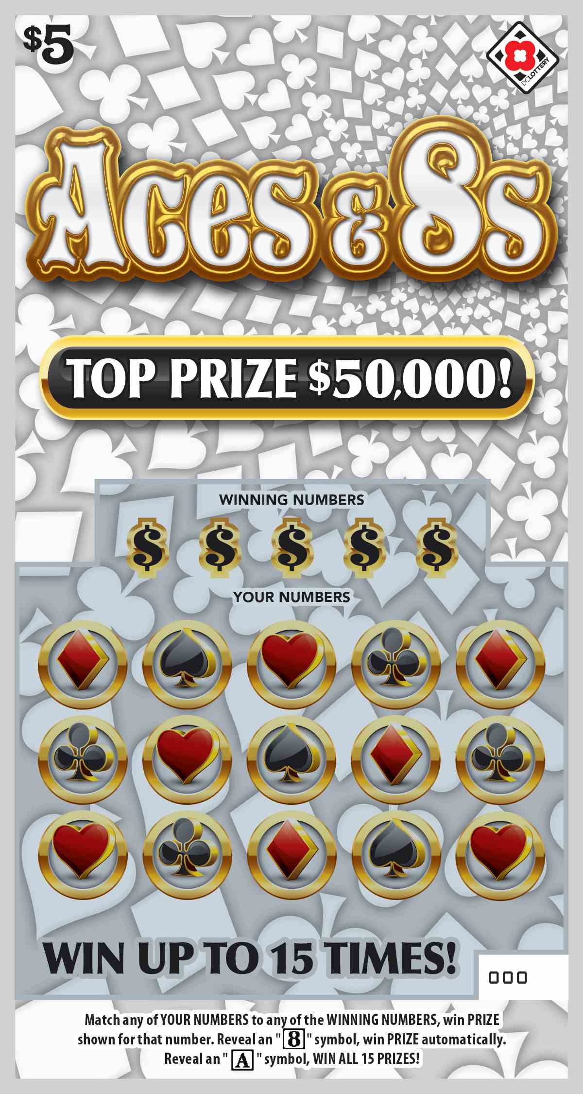 Aces & 8S scratchcard - game number #1582 - front