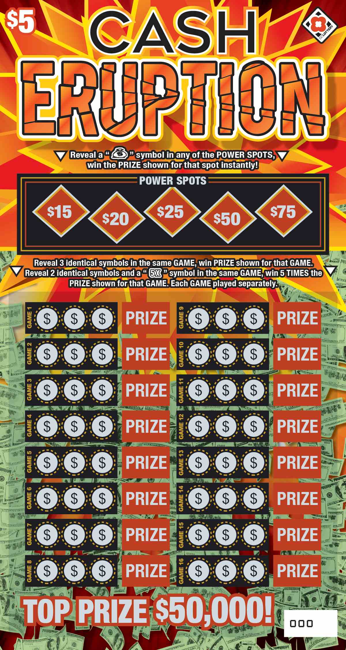 Cash Eruption scratchcard - game number #1588 - front