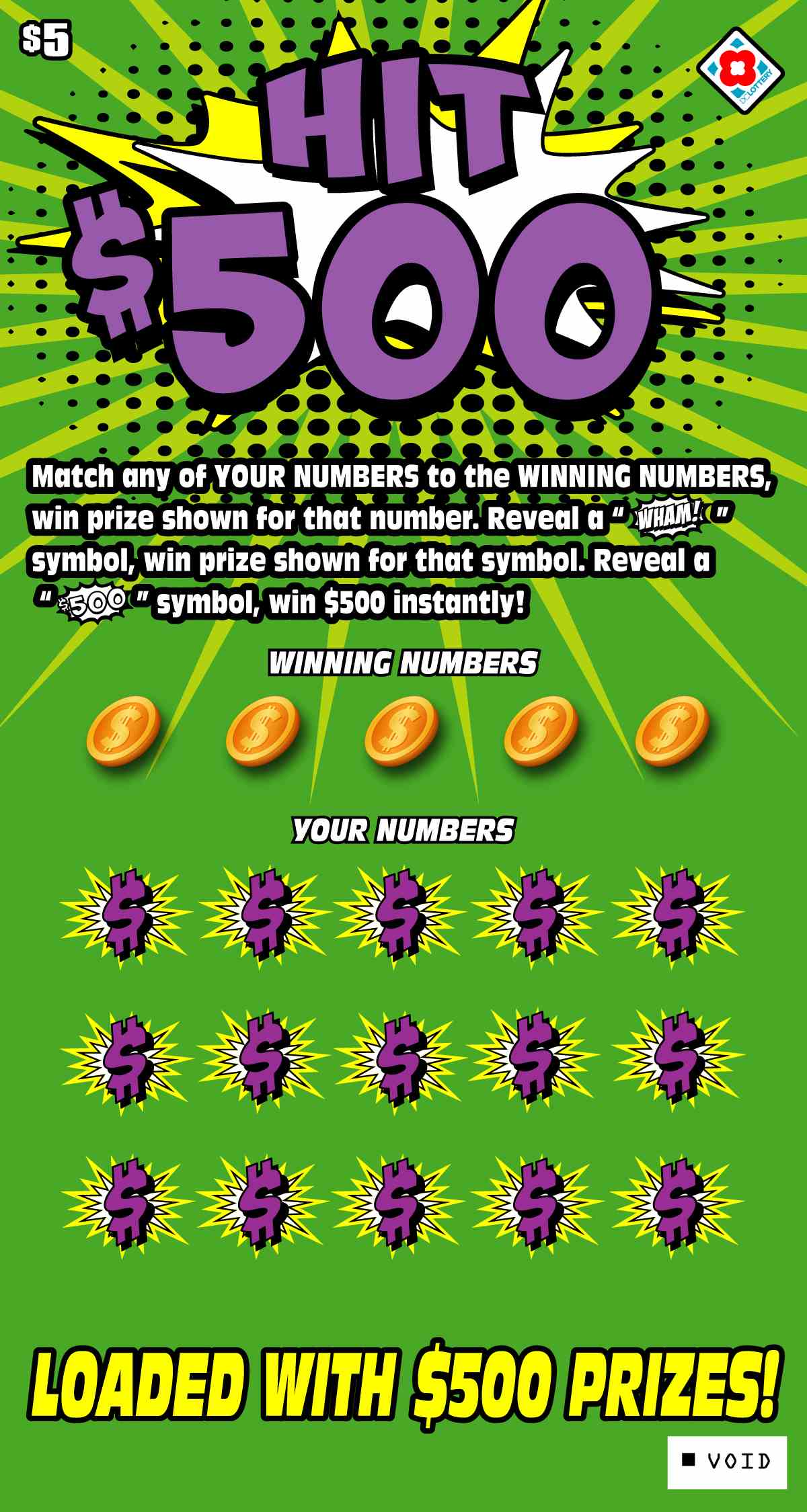Hit $500 scratchcard - game number #1585 - front