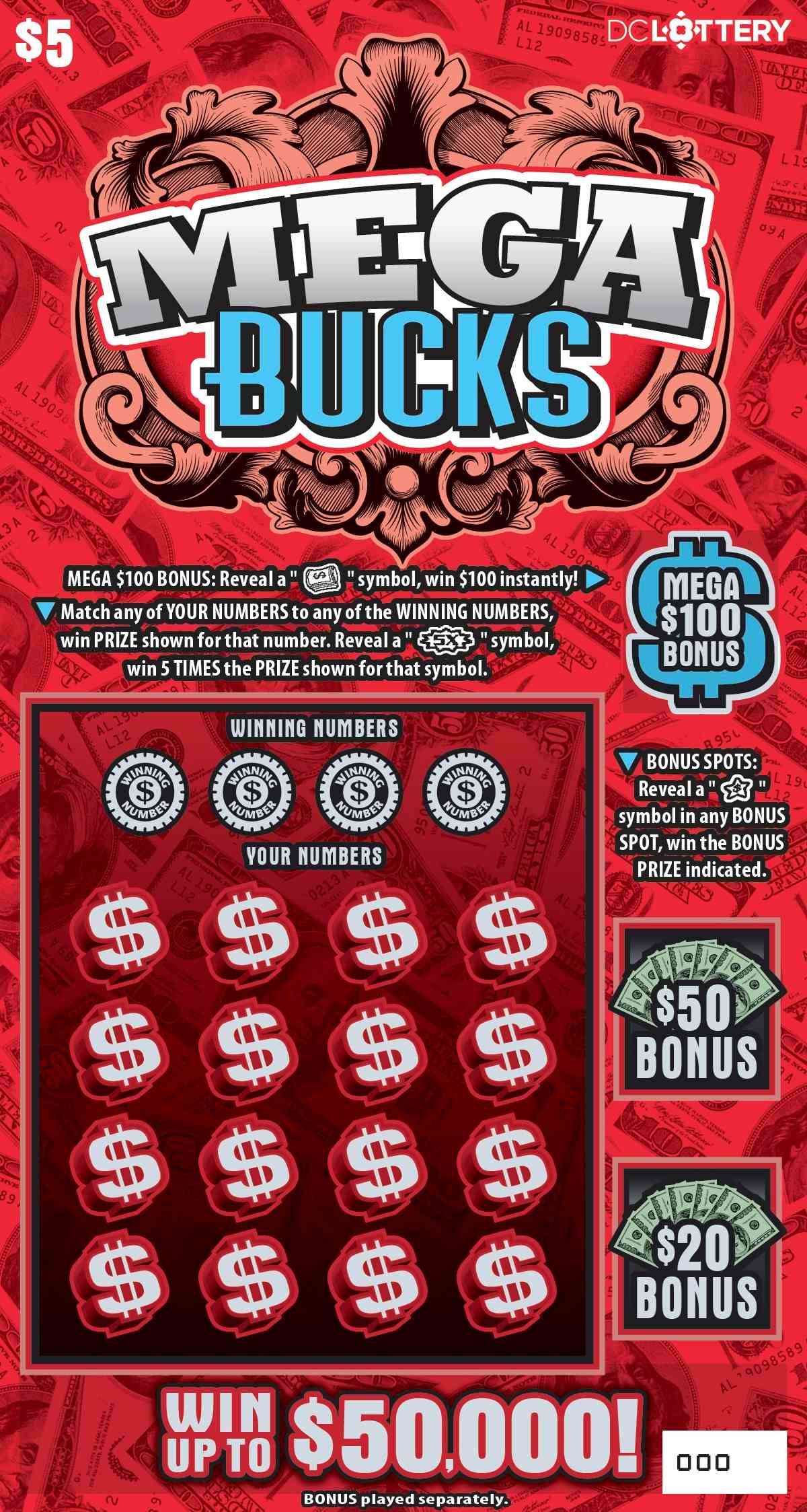 Mega Bucks scratchcard - game number #1627 - front